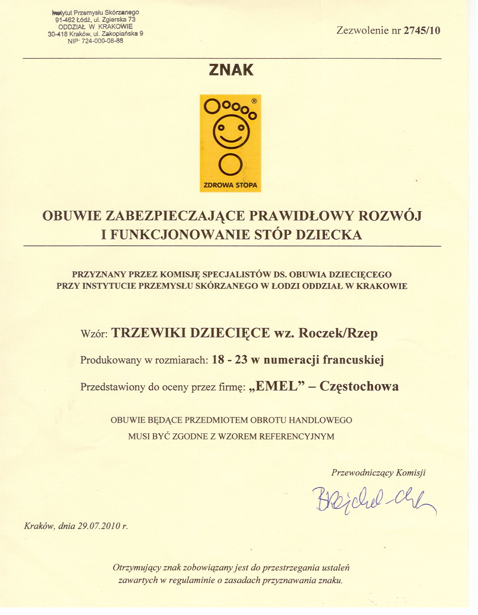 Świadectwo Znaku Zdrowa Stopa