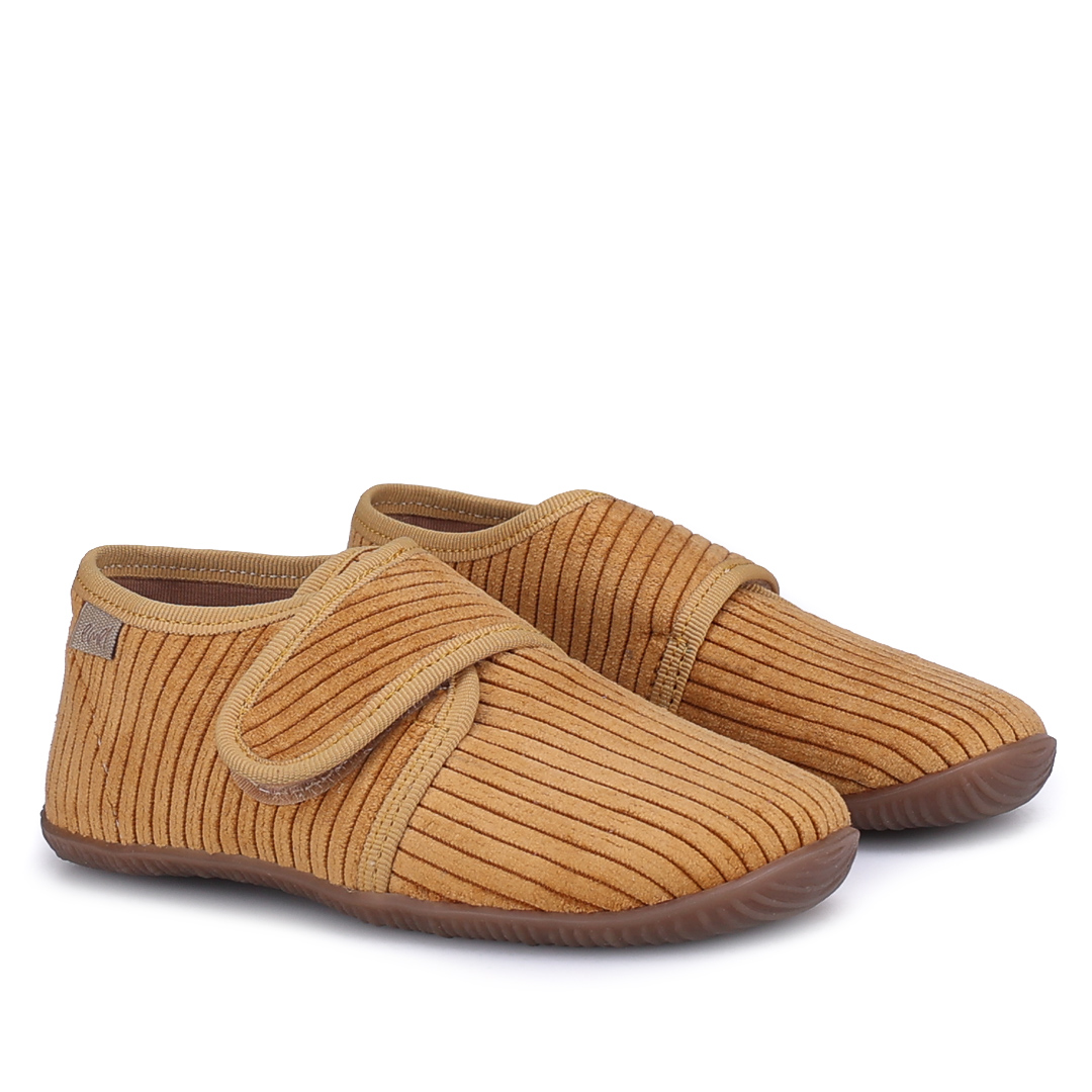 Kapcie Barefoot dla dzieci sztruksowe musztardowe zdjęcie 1