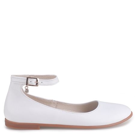 Białe baleriny komunijne ze skóry naturalnej z kryształkiem