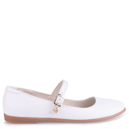 Białe baleriny komunijne ze skóry naturalnej kryształkiem