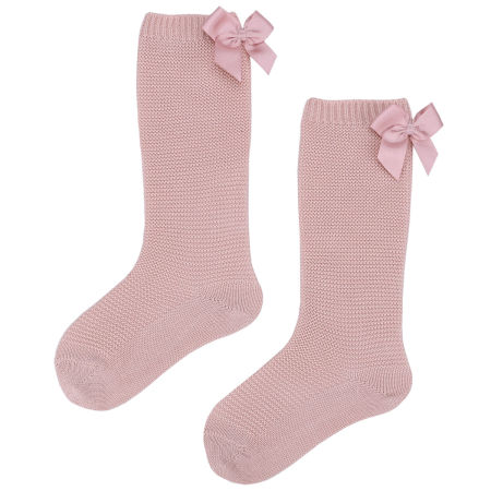 Podkolanówki ażurowe dla dziewczynki różowe z kokardą