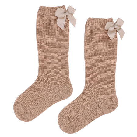 Podkolanówki ażurowe dla dziewczynki beżowe z kokardą