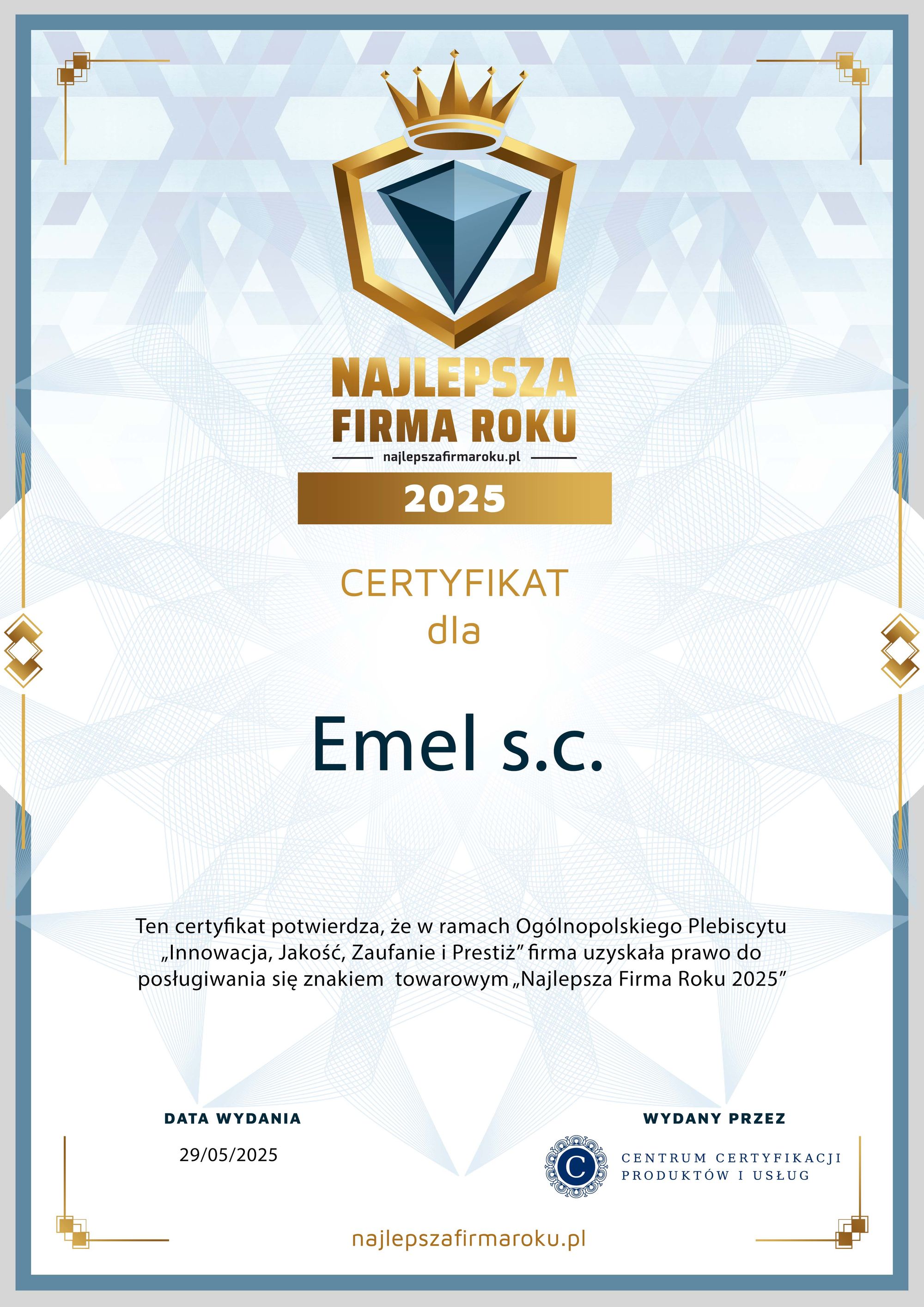 Emel – certyfikat „Najlepsza Firma Roku 2025” za innowację, jakość, zaufanie i prestiż.